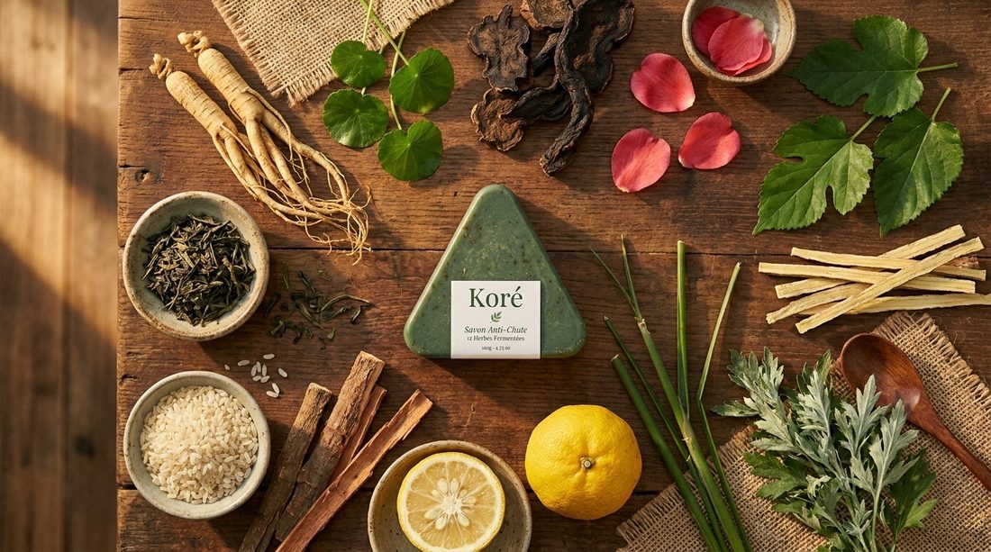 Les 12 plantes fermentées sur table en bois — composition Koré
