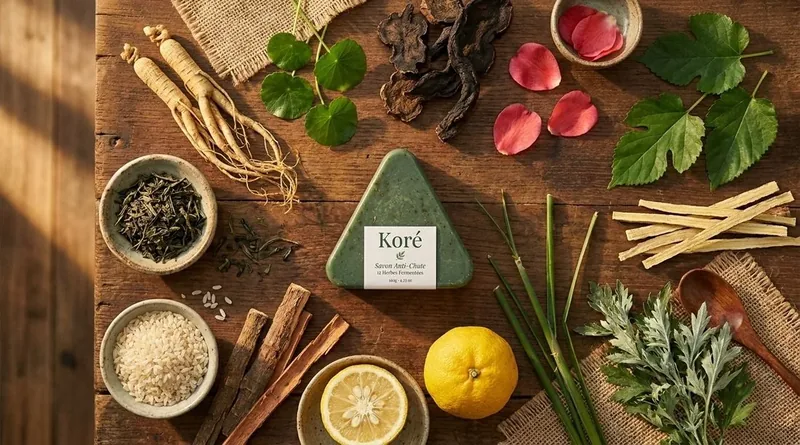 Les 12 plantes fermentées sur table en bois — composition Koré