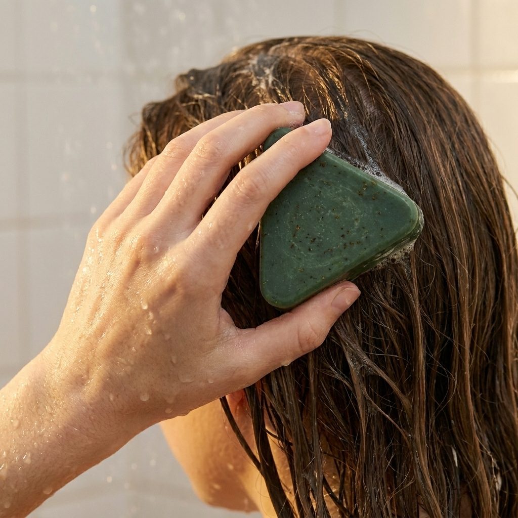 Application du savon sous la douche